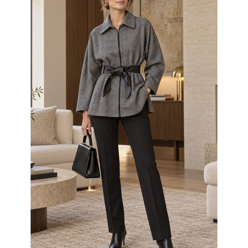 Anne Klein Glen Plaid Belted Jacket XL Dark Academia Preppy Town & Country Profe